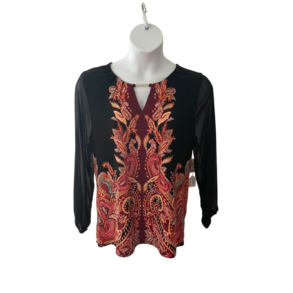JM COLLECTION, SIZE XL, TUNIC, BLACK, GRAPHIC, SHEER SLEEVES